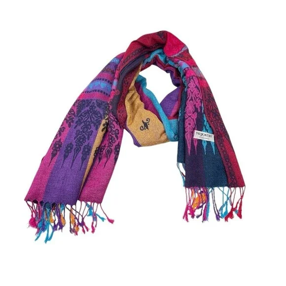 Pashmina Scarf Wrap Shawl 100% Pashmina Multicolor Fringe Boho 68x27 In - Picture 1 of 9